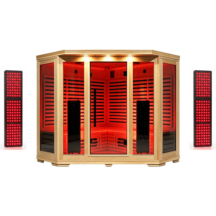 Blisspod I Vienna RED I All-In-One - Full Spectrum + Red Light Therapy I Indoor Corner Premium Sauna I 4-5 Person