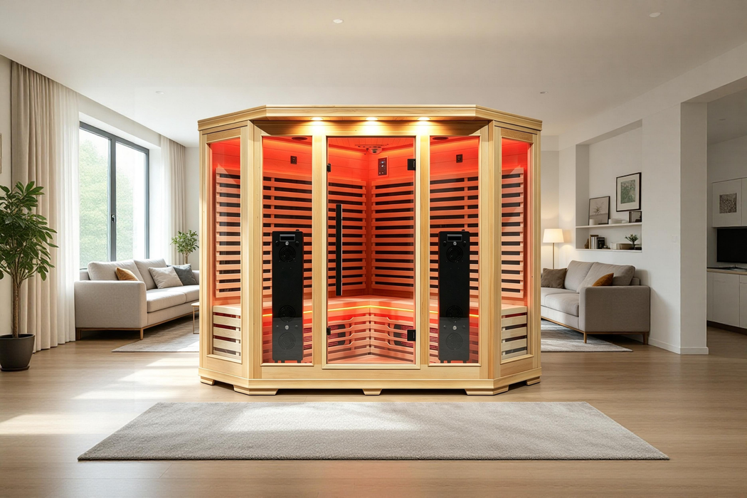 Blisspod I Vienna RED I All-In-One - Full Spectrum + Red Light Therapy I Indoor Corner Premium Sauna I 4-5 Person