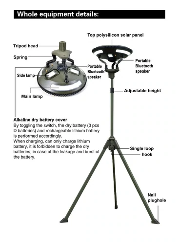 TRU De-LIGHT Multipurpose Singing Music Solar LED Light - Garden, Camping Portable Light, Strong Bluetooth Speaker / Main Light + 3 Independent Detachable Multi Mode Lights / Tripod+Carry Bag